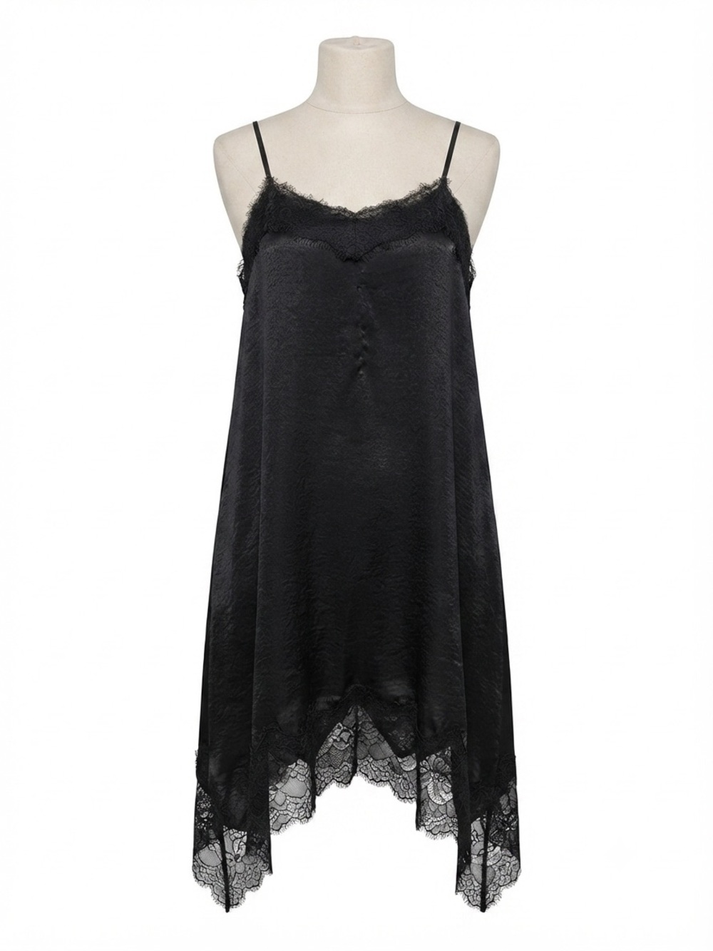 ODDI Black Satin & Lace Eyelash Trim Slip Dress - Size 2XL
